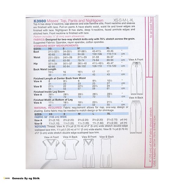 Top, bukser og natkjole